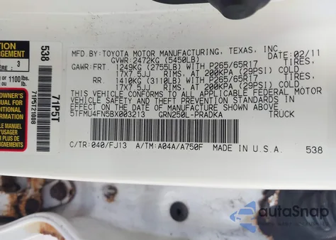 2011 Toyota Tacoma Base V6 z USA, uszkodzony, nr VIN 5TFMU4FN5BX003213